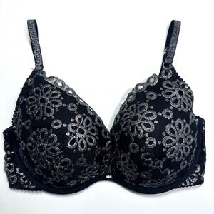 Victoria Secret Pigeonnant Push Up Bra Women Size 34DD Lace Black Silver Floral